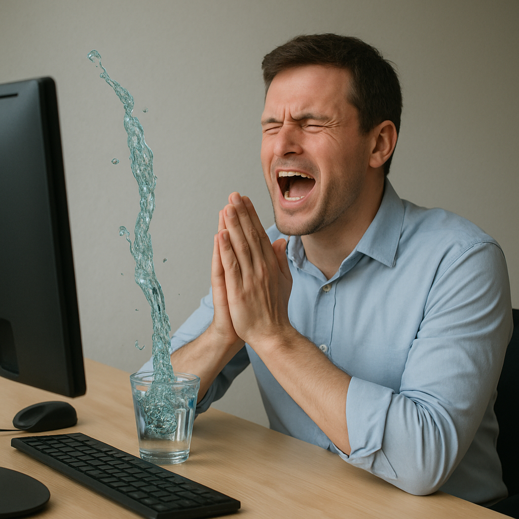 Man creating water at a comuter desk in a cup..